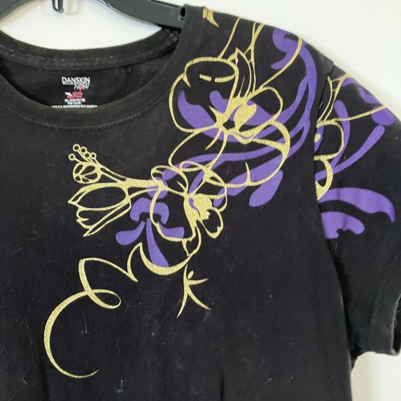 Danskin Now Tops - Black with Gold and Purple Abstract Accents Top Size XL (16/18)